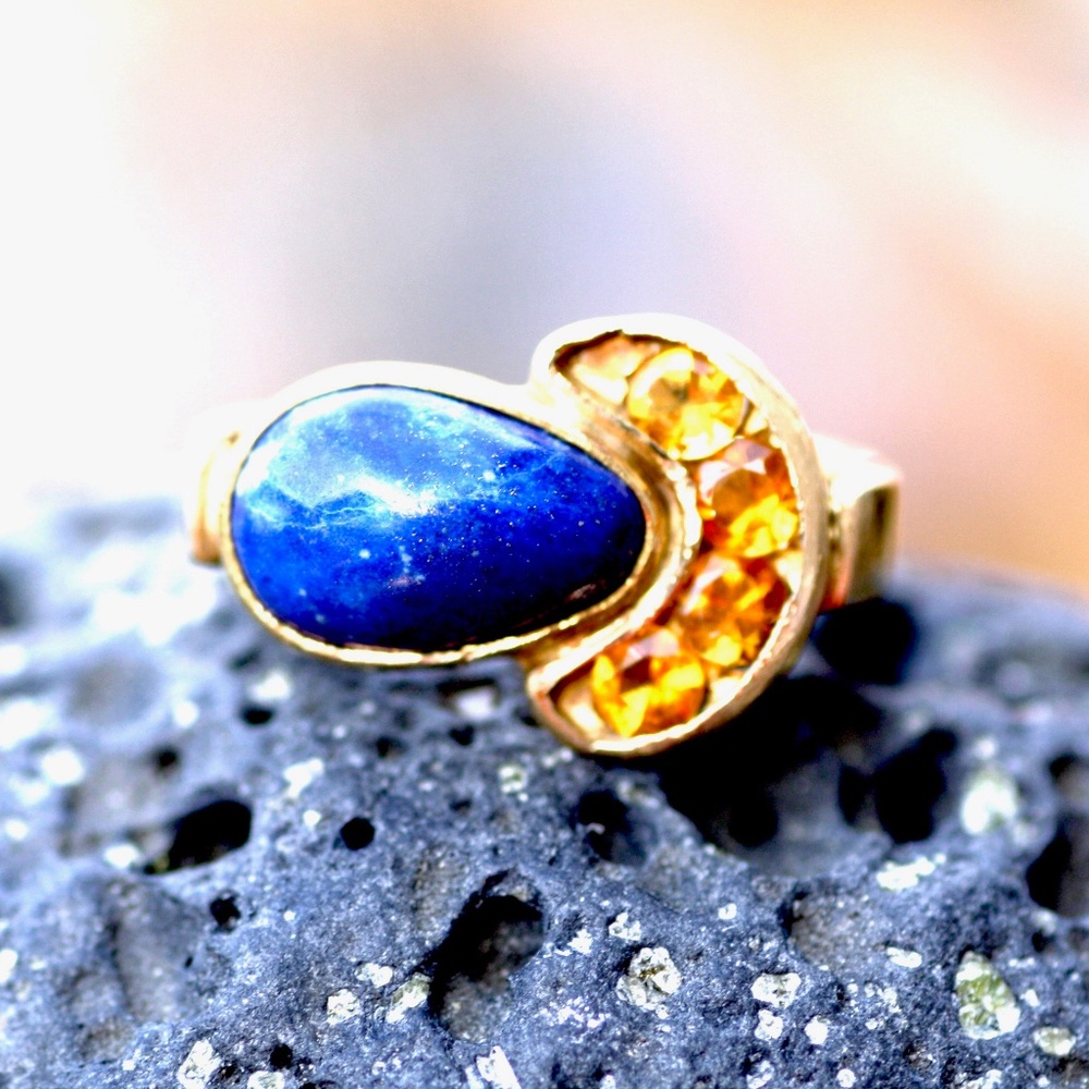 Handmade Natural Citrine, Blue Lapis Ring Solid 14K Yellow Gold